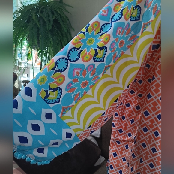 Ruby Rd. Bohemian Top Tassel Tie Neck Colorful Beach Vibe Peasant 3/4 Sleeves - Picture 2 of 10